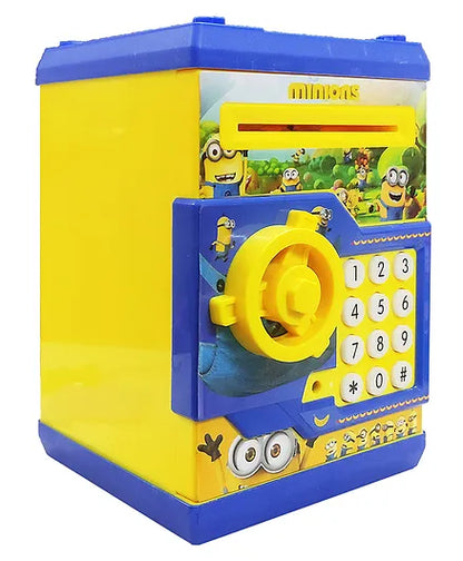 Cartoon Character Money Safe Piggy Bank Toy ATM Machine For Kids And Adults With 2 Step Unlock - Feed Number Password Then Twist The Handle To Open - Yellow