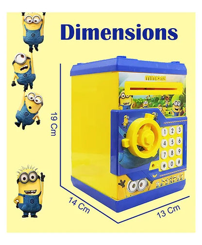 Cartoon Character Money Safe Piggy Bank Toy ATM Machine For Kids And Adults With 2 Step Unlock - Feed Number Password Then Twist The Handle To Open - Yellow