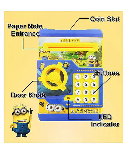 Cartoon Character Money Safe Piggy Bank Toy ATM Machine For Kids And Adults With 2 Step Unlock - Feed Number Password Then Twist The Handle To Open - Yellow