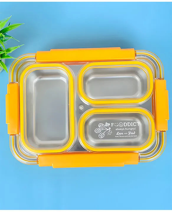 Stainless Steel Toyko Table Lunch Box 3 Compartment Leak-Proof BPA Free With Spoon, Chopstick & Fork -710 ML - Color & Design May Vary