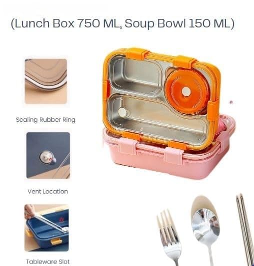 3 Compartment Stainless Steel Lunch Box with Soup Bowl, Spoon, Fork, Chopsticks Tiffin Box, School & Office - Multicolor (I)