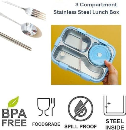 3 Compartment Stainless Steel Lunch Box with Soup Bowl, Spoon, Fork, Chopsticks Tiffin Box, School & Office - Multicolor (I)