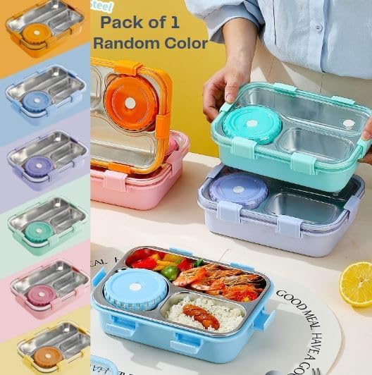 3 Compartment Stainless Steel Lunch Box with Soup Bowl, Spoon, Fork, Chopsticks Tiffin Box, School & Office - Multicolor (I)