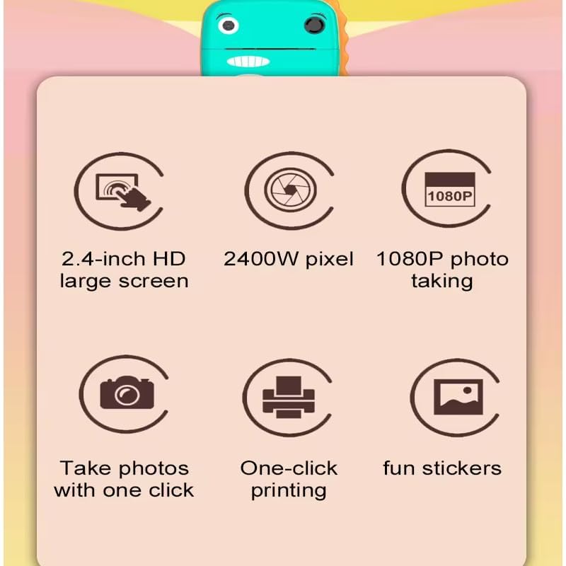 Spot Hunt Instant Print Camera for Kids I Digital Camera for Kids, Photo Printer Camera for Kids 50M Pixel 2.4" Screen MP3 Player Video Recording 32GB Card Supported (Not Included) - Dino