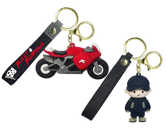 Racing Bike Rubber Key Rings/Keychain - Kawaii Keychain, 3D Rubber Key Chain, Stylish Design Cartoon Silicone Keyrings for Home, Office, Car Key Rings, Best Gift Keychains - Multicolor