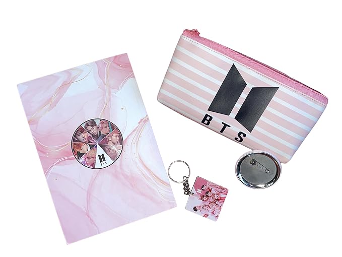 Toys Shop Kids Korean Band BTS Complete Birthday Gift Set for Boys Girls Kids with Pencil Pouch Case Diary Notepad Keychain Keyring & Pin Badge