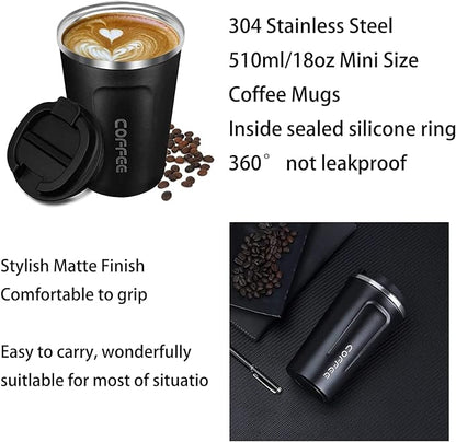 Stainless Steel Vacuum Insulated Coffee Mug 510ML Insulated Coffee Cups Double Walled Travel Mug, Car Coffee Mug with Leak Proof Lid Reusable Thermal Cup for Hot Cold Drinks Coffee, Tea