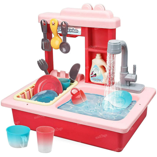 SPOT HUNT Kitchen Toy Sink Electronic Dishwasher Pretend Role Play Kitchen Toys Set with Working Faucet and Dishes Playset for Girls