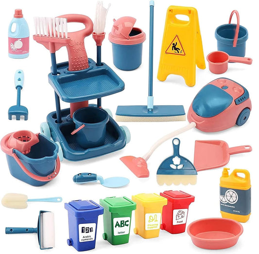 24 Pcs Kids Cleaning Mini Set - Toy Cleaning Set Includes Vacume, Broom, Mop, Brush, Dust Pan, Duster, Sponge, Bucket, Caution Sign, Trash Can - Toy Kitchen Toddler Cleaning Set