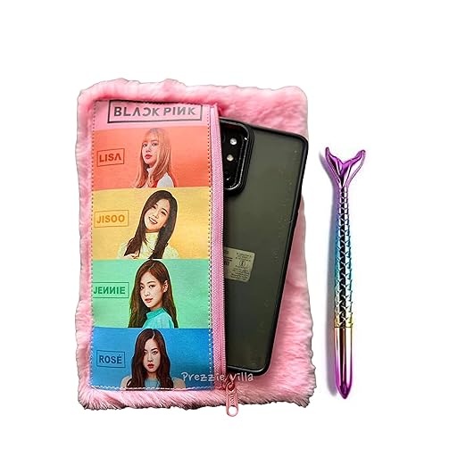 Black Pink Fur Diary with attached pouch and 1 pen for Kids Fur Notebook Personal Diary for Kids School Notebook 160 Ruled Pages (Black Pink Fur Diary with 1 Mermaid Gel pen)