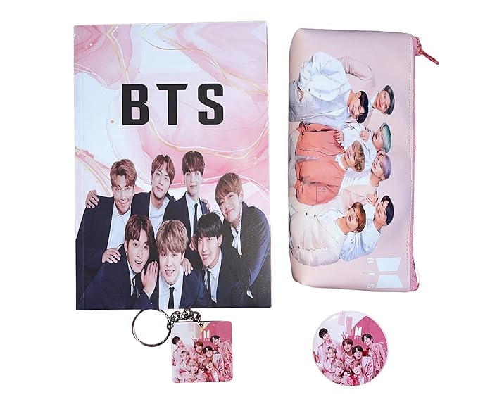 Toys Shop Kids Korean Band BTS Complete Birthday Gift Set for Boys Girls Kids with Pencil Pouch Case Diary Notepad Keychain Keyring & Pin Badge