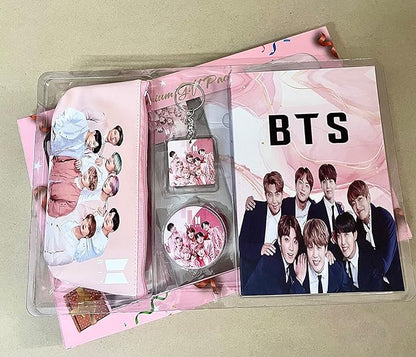 Toys Shop Kids Korean Band BTS Complete Birthday Gift Set for Boys Girls Kids with Pencil Pouch Case Diary Notepad Keychain Keyring & Pin Badge