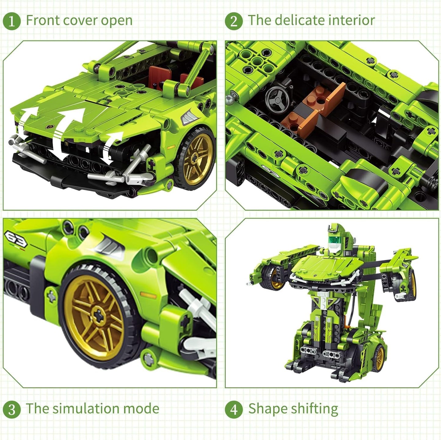 Adult,Kid 2-In-1 Transforming Super Car Building Block Set Robot Building Block Toy Suitable For Ages 6 And Up (Green)