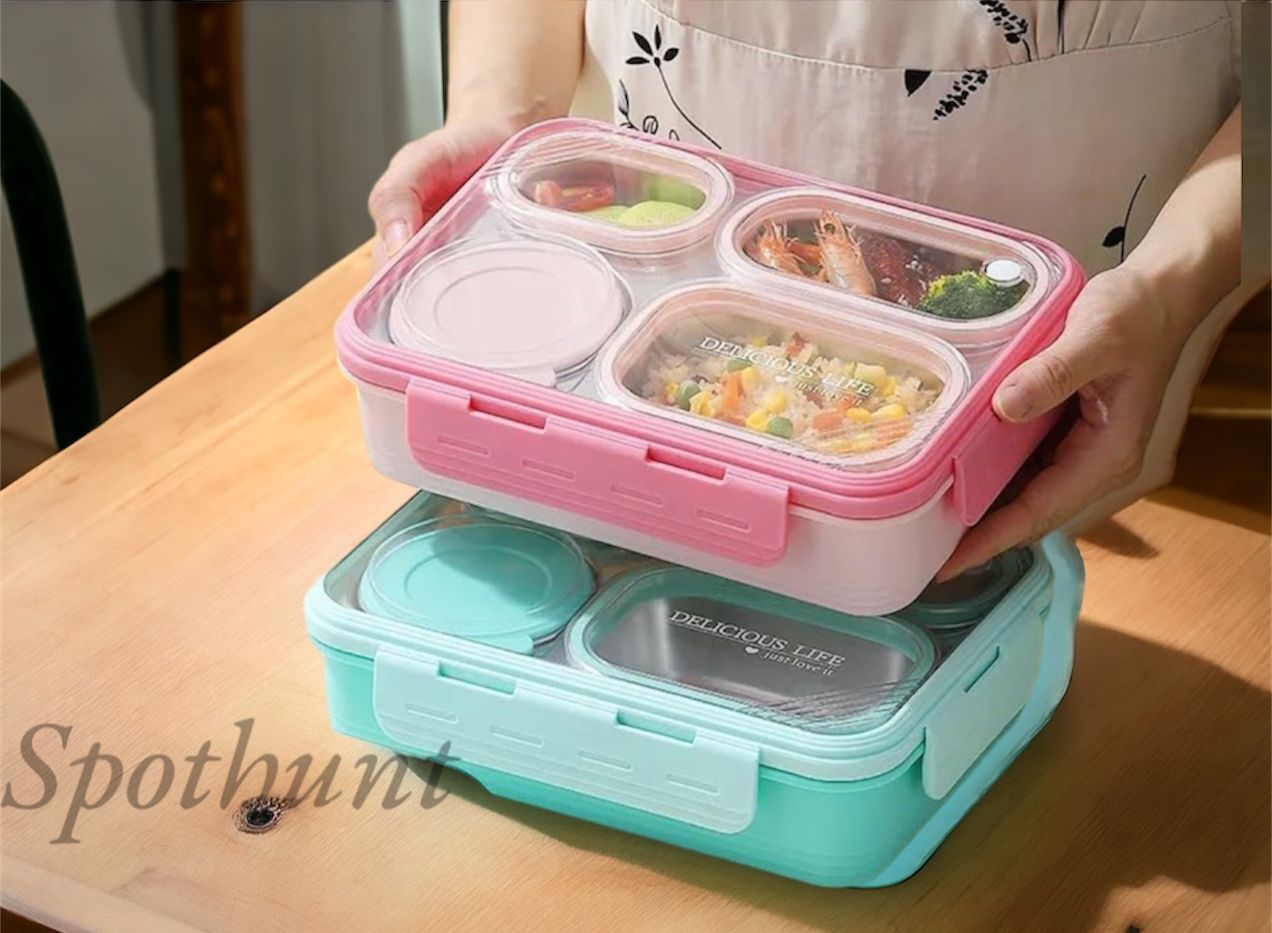 Spothunt 4-Compartment Bento Lunch Box With Bowl: 100% Leak-Proof Design For Convenient And Mess-Free Dining (Pink), Blue-Green