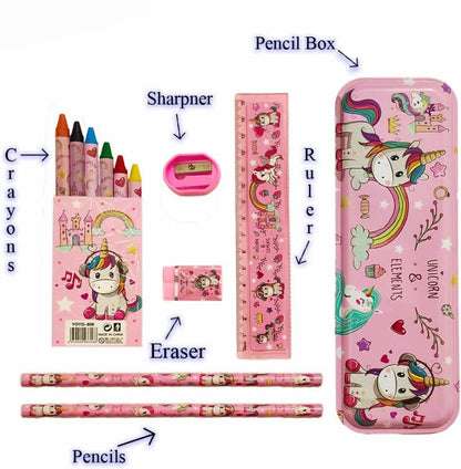 Unicorn Stationary Gift Set for Girls Unicorn designed stationery Art Metal Pencil Box  (Set of 1, Pink)