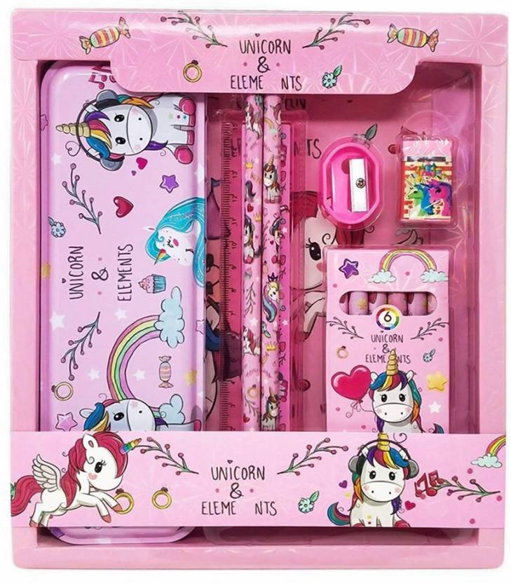 Unicorn Stationary Gift Set for Girls Unicorn designed stationery Art Metal Pencil Box  (Set of 1, Pink)